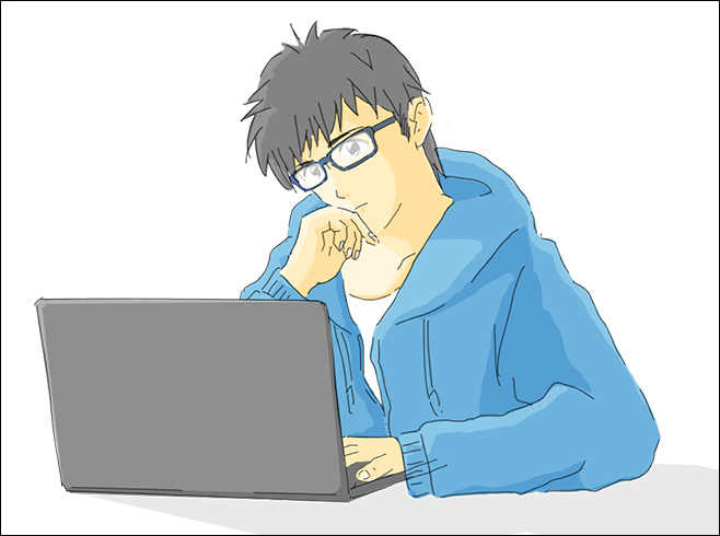 インターネットで不動産相場を調べる男性のイメージイラスト